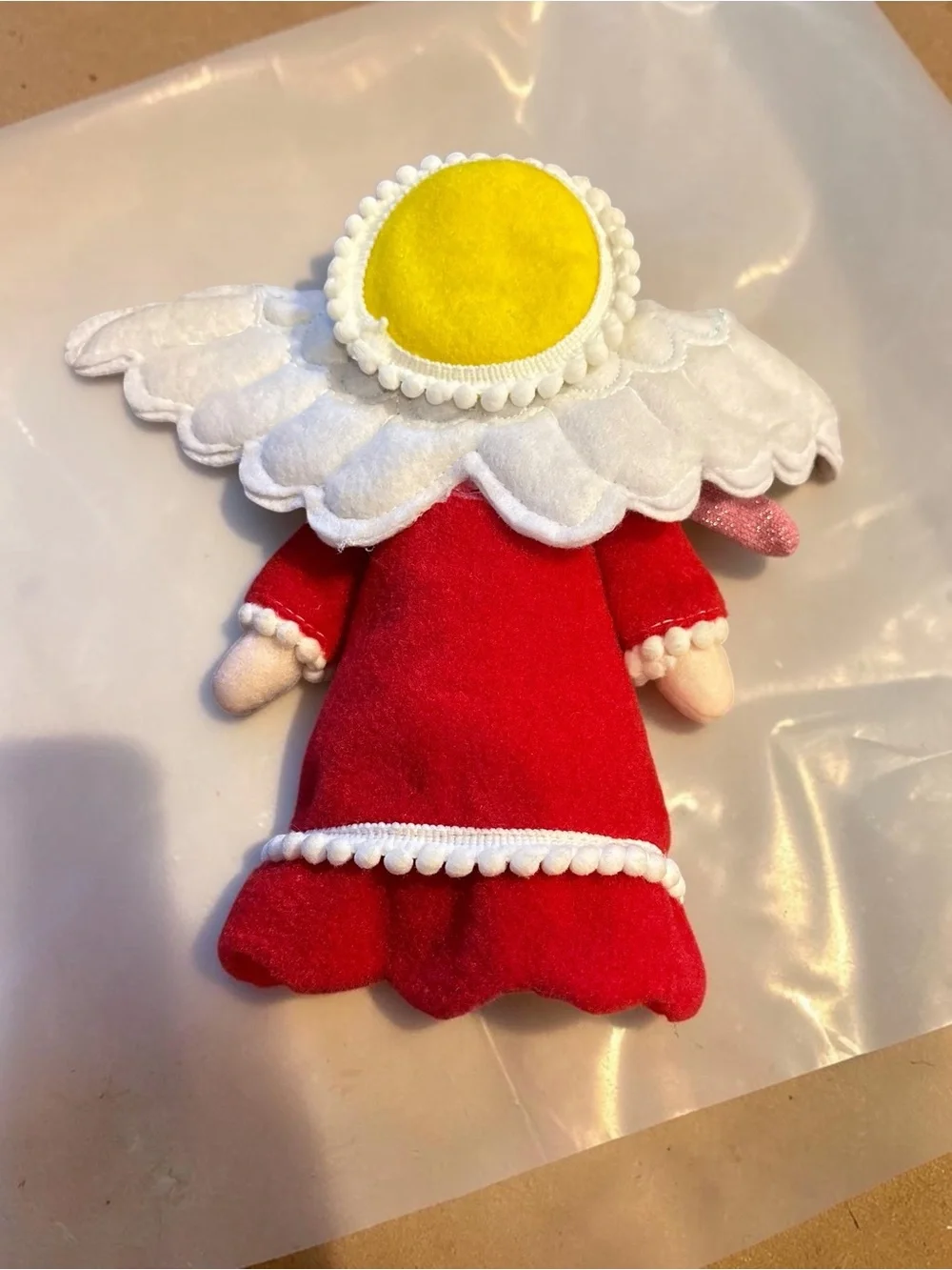 Handcrafted Red Angel Ornament with White Wings and Pink Scarf